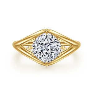 Gabriel & Co. ER16872C12Y44JJ 14 karat yellow gold Contemporary engagement ring, front view of a cushion cut center turned on its corner inside a pointed open frame