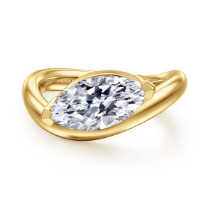 Gabriel & Co. ER16874M8Y4JJJ 14 karat yellow gold Contemporary engagement ring, front view of a sideways marquise center between angular end prongs in a curving band
