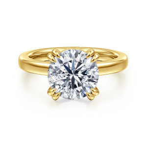 Gabriel & Co. ER16875R12Y4JJJ 14 karat yellow gold Contemporary engagement ring, front view of a round center with a pair of claws at each corner