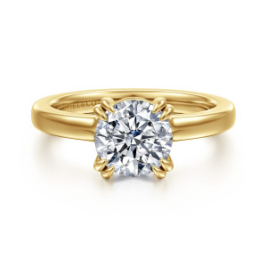 Gabriel & Co. ER16875R6Y4JJJ 14 karat yellow gold Contemporary engagement ring, front view of a round center in paired claw prongs on a smooth, plain polished band