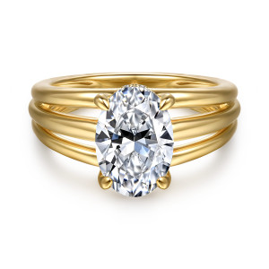 Gabriel & Co. ER16891O8Y44JJ 14 karat yellow gold Contemporary engagement ring, front view of an oval center resting across three smooth strands of the band