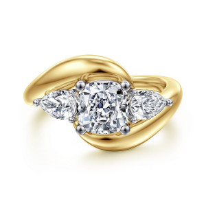 Gabriel & Co. ER16892C6M44JJ 14 karat white and yellow gold Contemporary engagement ring, front view of a cushion cut center between pear shaped side stones with points facing outward