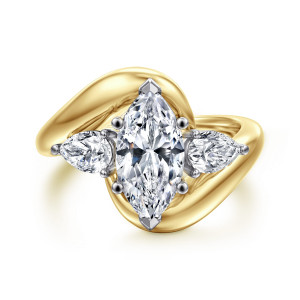 Gabriel & Co. ER16892M6M44JJ 14 karat white and yellow gold Contemporary engagement ring, front view of a marquise center with a pear shaped diamond pointing outward on each side