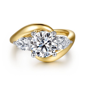 Gabriel & Co. ER16892R8M44JJ 14 karat white and yellow gold Contemporary engagement ring, front view of a round center with a pear shaped diamond pointing outward on each side