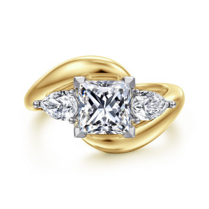 Gabriel & Co. ER16892S6M44JJ 14 karat white and yellow gold Contemporary engagement ring, front view of a princess cut center between pear shaped side stones with points aimed outward