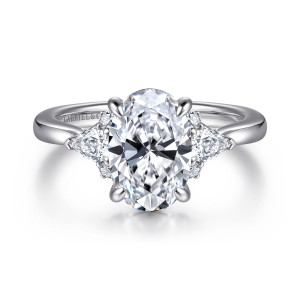 Gabriel & Co. ER16893O8W44JJ 14 karat white gold Lotus engagement ring, front view of an oval center, pear shaped side stones pointing outward and tiny round stones beside each