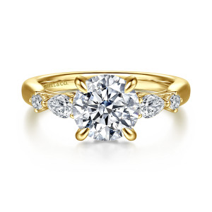Gabriel & Co. ER16894R8Y44JJ 14 karat yellow gold Lotus engagement ring, front view of a round center with elongated and small round stones on each side
