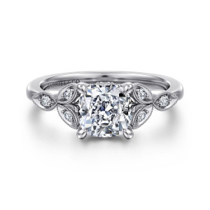 Gabriel & Co. ER16895C6W44JJ 14 karat white gold Victorian engagement ring, front view of the cushion center with bead edged leaf frames holding small diamonds on each shoulder