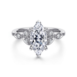 Gabriel & Co. ER16895M6W44JJ 14 karat white gold Victorian engagement ring, front view of a marquise center in six prongs with leaf frames spreading along both shoulders