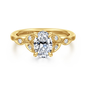 Gabriel & Co. ER16895O4Y44JJ 14 karat yellow gold Victorian engagement ring, front view of an oval center with beaded leaf frames holding small round diamonds on both shoulders
