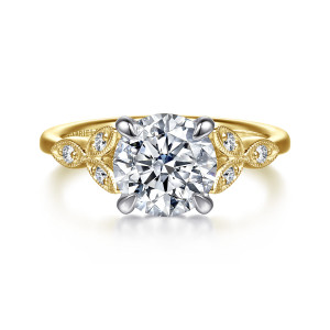 Gabriel & Co. ER16895R8M44JJ 14 karat white and yellow gold Victorian engagement ring, front view of a round center flanked by beaded leaf seats holding small round diamonds