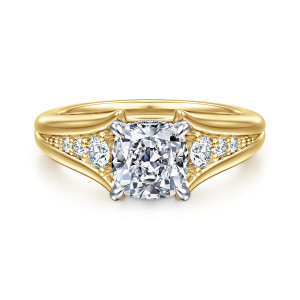 Gabriel & Co. ER16896C6M44JJ 14 karat white and yellow gold Contemporary engagement ring, front view of a cushion cut center in a cooler toned head with round diamonds on each shoulder