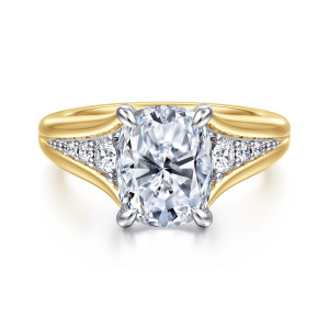 Gabriel & Co. ER16896G12M44JJ 14 karat white and yellow gold Contemporary engagement ring, front view of an elongated cushion center with a split shank opening around small round diamonds