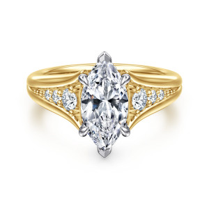 Gabriel & Co. ER16896M6M44JJ 14 karat white and yellow gold Contemporary engagement ring, front view of a marquise center with pointed tips between beaded stone rows on a split band