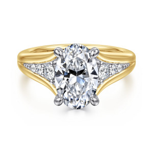 Gabriel & Co. ER16896O10M44JJ 14 karat white and yellow gold Contemporary engagement ring, front view of an oval center on four prongs above a band opening into arms