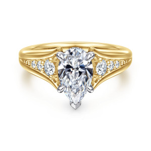 Gabriel & Co. ER16896P6M44JJ 14 karat white and yellow gold Contemporary engagement ring, front view of a pear shaped center with a V-shaped tip at its point between parted shoulders