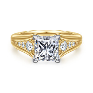 Gabriel & Co. ER16896S6M44JJ 14 karat white and yellow gold Contemporary engagement ring, front view of a princess cut center in angular corner prongs between diamond rows on split shoulders