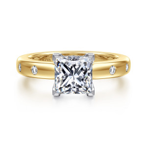 Gabriel & Co. ER16898S6M44JJ 14 karat white and yellow gold Contemporary engagement ring, front view of a square center in four flat faced corner prongs on a smooth band
