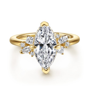 Gabriel & Co. ER16901M8Y44JJ 14 karat yellow gold Starlight engagement ring, front view of a marquise center with mixed shape stone clusters on both shoulders