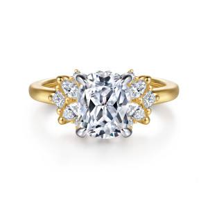 Gabriel & Co. ER16902G8M44JJ 14 karat white and yellow gold Starlight engagement ring, front view of an elongated cushion center with a fanned diamond cluster at each side