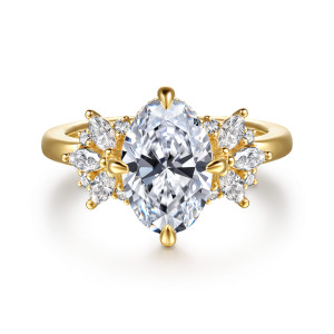 Gabriel & Co. ER16903O8Y44JJ 14 karat yellow gold Starlight engagement ring, front view of an oval center flanked by fan shaped diamond clusters and four rounded prongs