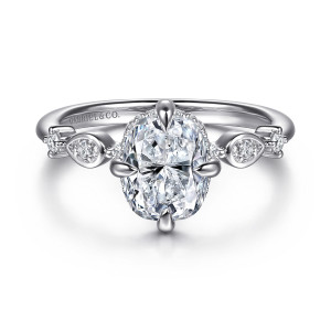 Gabriel & Co. ER16906G8W44JJ 14 karat white gold Contemporary engagement ring, front view of the elongated center with teardrop shaped prongs and paired shoulder stones