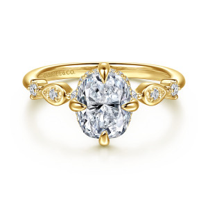 Gabriel & Co. ER16906G8Y44JJ 14 karat yellow gold Contemporary engagement ring, front view of teardrop claws around the center and teardrop frames on each shoulder