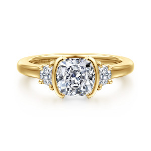 Gabriel & Co. ER16908C6Y43JJ 14 karat yellow gold Contemporary engagement ring, front view of a cushion cut center in curved side walls between half moon shaped diamonds