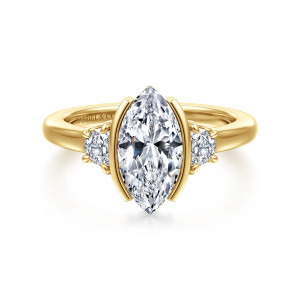 Gabriel & Co. ER16908M6Y43JJ 14 karat yellow gold Contemporary engagement ring, front view of a marquise between two upright bezel walls, with a half moon stone at each side