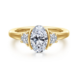 Gabriel & Co. ER16908O6Y43JJ 14 karat yellow gold Contemporary engagement ring, front view of an upright oval center between straight metal strips and a half moon diamond each side