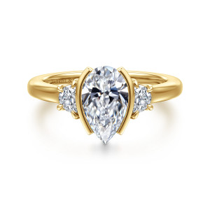 Gabriel & Co. ER16908P6Y43JJ 14 karat yellow gold Contemporary engagement ring, front view of a pear shaped center between two upright walls and a half moon stone per side