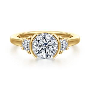Gabriel & Co. ER16908R6Y43JJ 14 karat yellow gold Contemporary engagement ring, front view of a round center in a half bezel between two half moon side stones