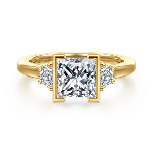 Gabriel & Co. ER16908S6Y43JJ 14 karat yellow gold Contemporary engagement ring, front view of a princess cut center in a squared frame beside half moon side stones