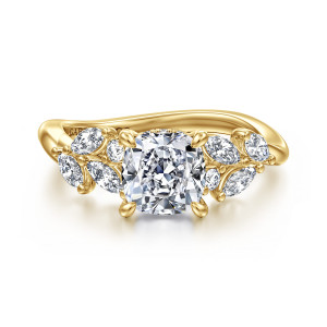 Gabriel & Co. ER16910C6Y44JJ 14 karat yellow gold Floral Nouveau engagement ring, front view of a cushion cut center with leaf shaped prongs between fanned clusters of small stones