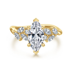 Gabriel & Co. ER16910M6Y44JJ 14 karat yellow gold Floral Nouveau engagement ring, front view of a marquise center with leaf like stone clusters curling along both shoulders