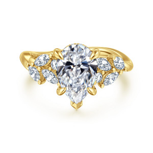 Gabriel & Co. ER16910P8Y44JJ 14 karat yellow gold Floral Nouveau engagement ring, top view of a pear center with leaf like shoulder stones and a V prong at its tip