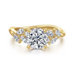 Gabriel & Co. ER16910R6Y44JJ 14 karat yellow gold Floral Nouveau engagement ring, front view of a round center with four prongs and leaf shaped stone clusters on each shoulder