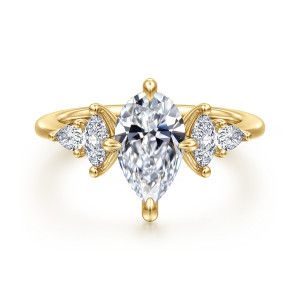 Gabriel & Co. ER16911P6Y44JJ 14 karat yellow gold Contemporary engagement ring, front view of a pear shaped center with a pair of elongated stones on each side