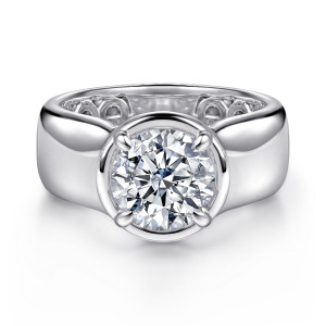 Gabriel & Co. ER16914R8W4JJJ 14 karat white gold Contemporary engagement ring, front view of a round center in a smooth circular rim on a broad polished band