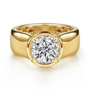 Gabriel & Co. ER16914R8Y4JJJ 14 karat yellow gold Contemporary engagement ring, front view of a round center inside a smooth collar with prongs on a wide band