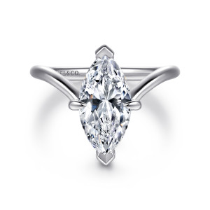 Gabriel & Co. ER16915M8W44JJ 14 karat white gold Contemporary engagement ring, front view of a marquise center with pointed end prongs above a band rising in a V