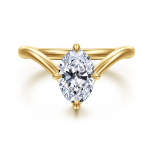Gabriel & Co. ER16915O6Y44JJ 14 karat yellow gold Contemporary engagement ring, front view of an oval center held by prongs above a band rising in a V
