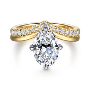 Gabriel & Co. ER16916O8M44JJ 14 karat white and yellow gold Contemporary engagement ring, front view of an oval center with a V of small round diamonds peaking at one end