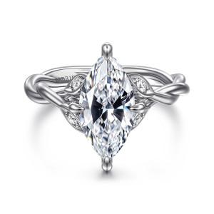 Gabriel & Co. ER16917M10W44JJ 14 karat white gold Contemporary engagement ring, front view of a marquise center with pointed prong tips at both ends between leaf shaped settings