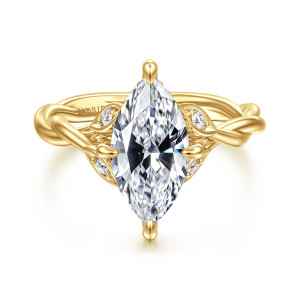 Gabriel & Co. ER16917M10Y44JJ 14 karat yellow gold Contemporary engagement ring, front view of a marquise center with teardrop tipped prongs and knotted strands at each shoulder