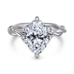 Gabriel & Co. ER16917O12W44JJ 14 karat white gold Contemporary engagement ring, front view of an oval center held by four teardrop tipped prongs between leaf shaped frames