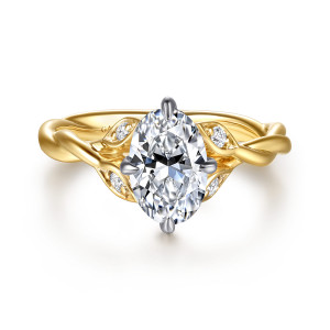 Gabriel & Co. ER16917O6M44JJ 14 karat white and yellow gold Contemporary engagement ring, front view of the oval center with round diamonds in leaf shaped pods on either side