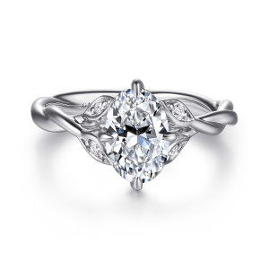 Gabriel & Co. ER16917O6W44JJ 14 karat white gold Contemporary engagement ring, front view of an oval center with four slender prongs and leaf shaped mounts on each side