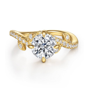 Gabriel & Co. ER16932R6Y44JJ 14 karat yellow gold Floral Nouveau engagement ring, front view of a round center held by tapered prongs among leaf motifs and diamonds