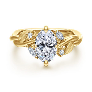Gabriel & Co. ER16933O6Y44JJ 14 karat yellow gold Floral Nouveau engagement ring, front view of an oval held by four prongs, with brushed leaves and small stones on each side